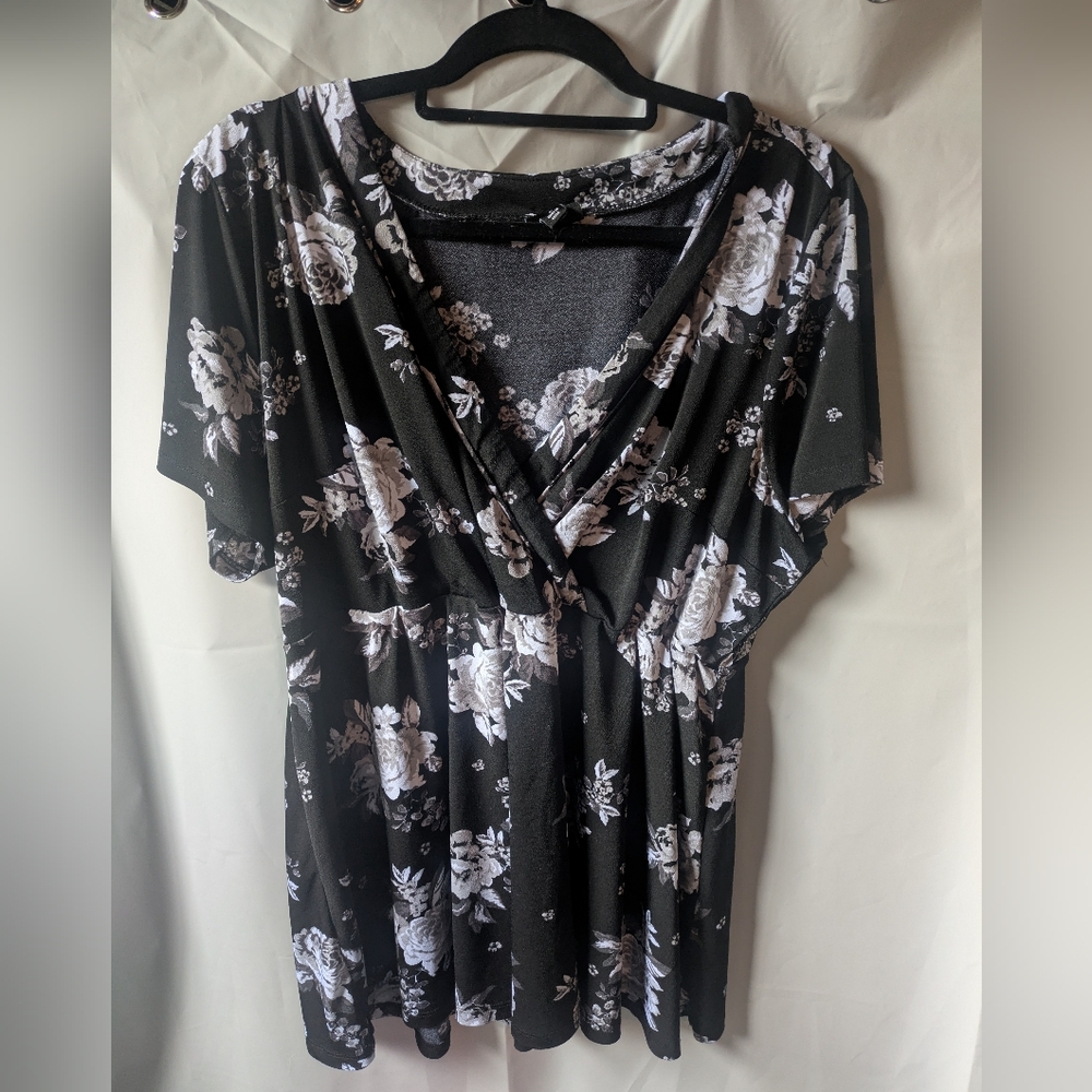 Torrid Black and Gray Flutter Sleeve Wrap Blouse